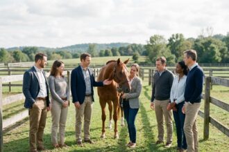 Groupe de professionnels autour d'un cheval en paddock