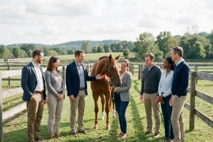Groupe de professionnels autour d'un cheval en paddock