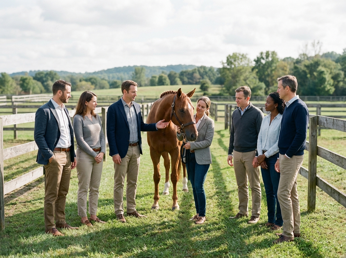 Groupe de professionnels autour d'un cheval en paddock