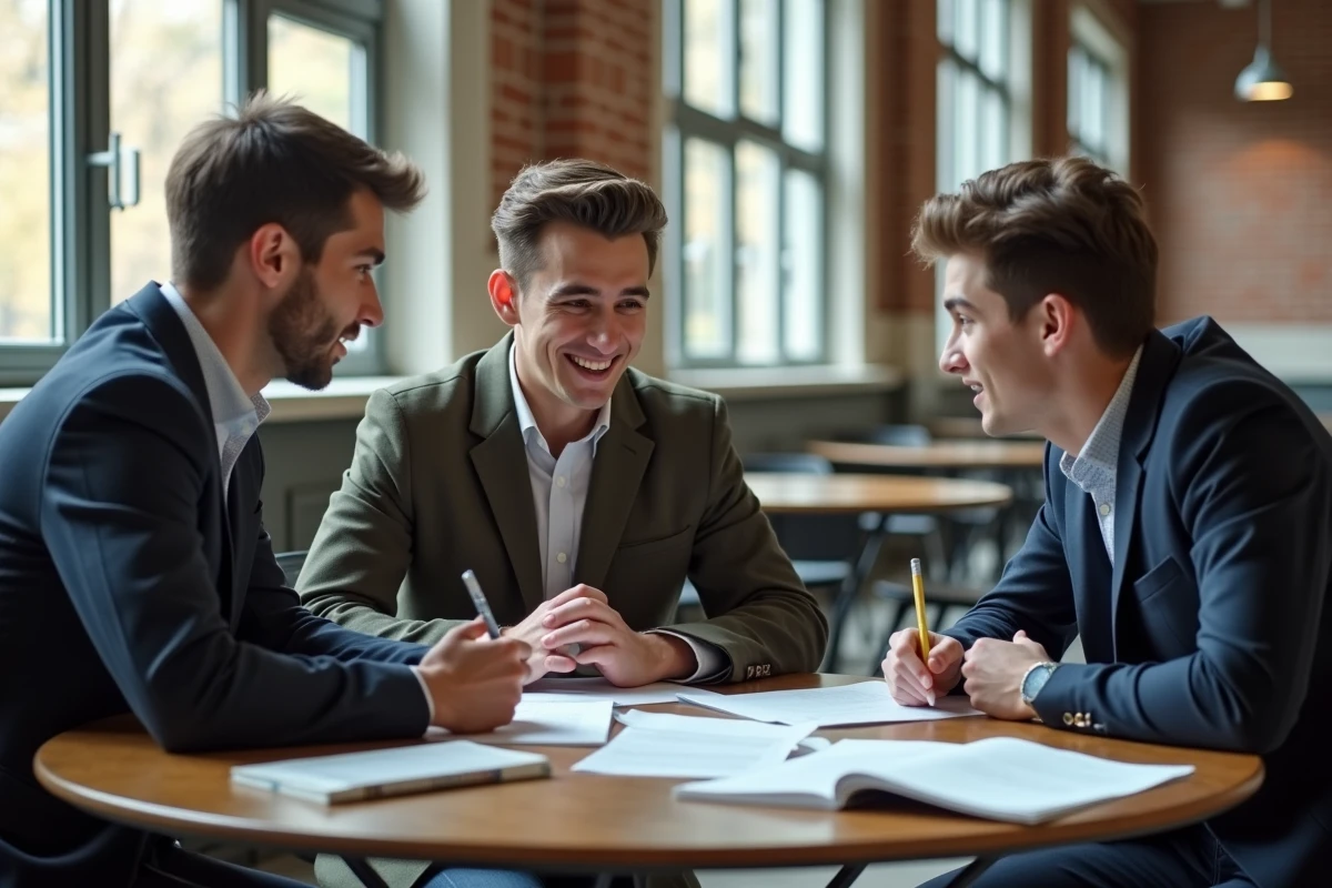 Groupe d'étudiants en session de révision collective pour préparer les erreurs courantes aux concours des écoles de Saint-Cyr