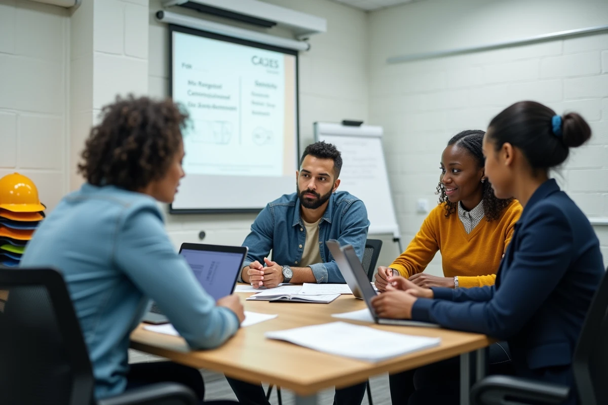 Groupe de stagiaires en salle de cours pour une formation CACES 1 et 3 à coût réduit