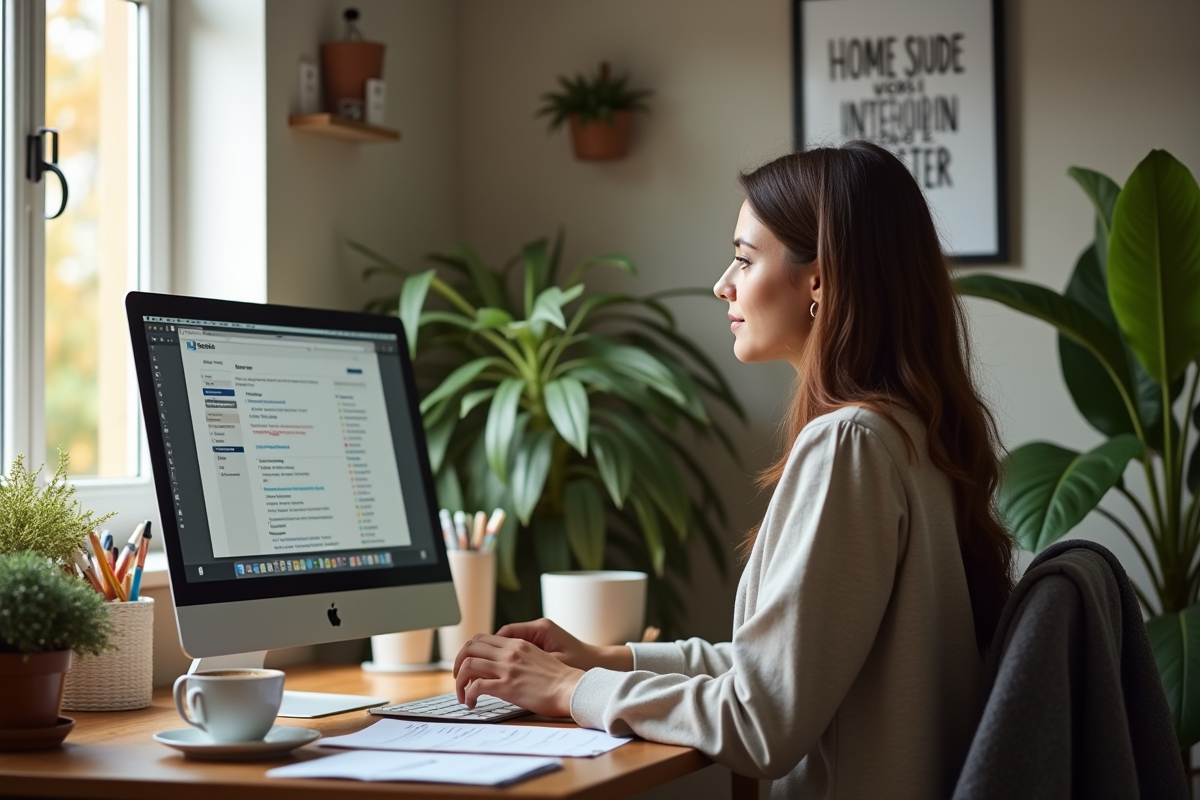 Freelance examinant des candidatures dans un bureau à domicile chaleureux