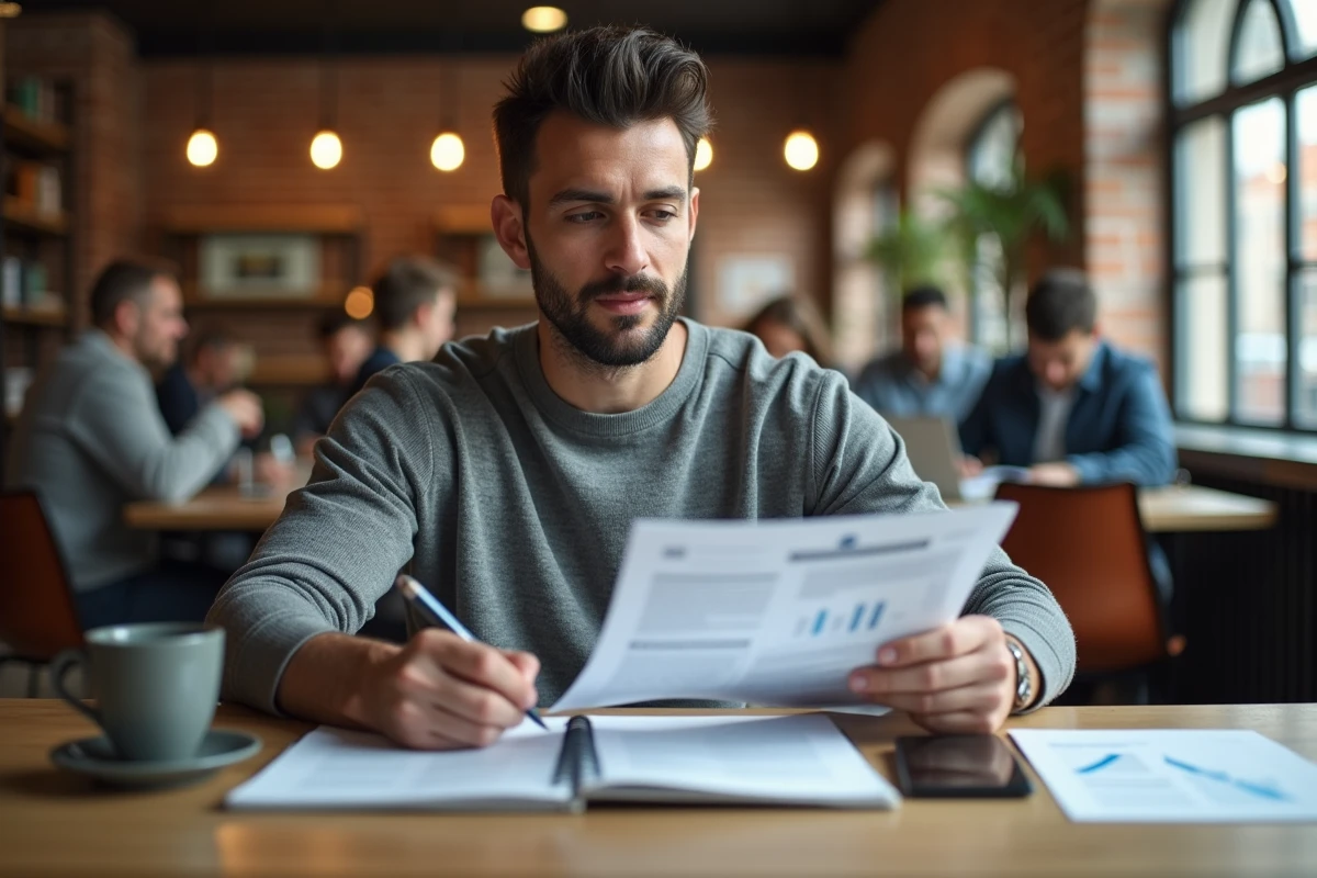 Homme adulte en reconversion prenant des notes sur des formations professionnelles dans un espace de coworking moderne