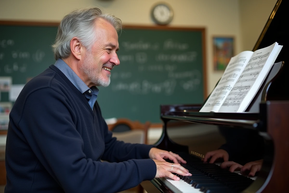 Homme âgé jouant du piano dans une salle de classe