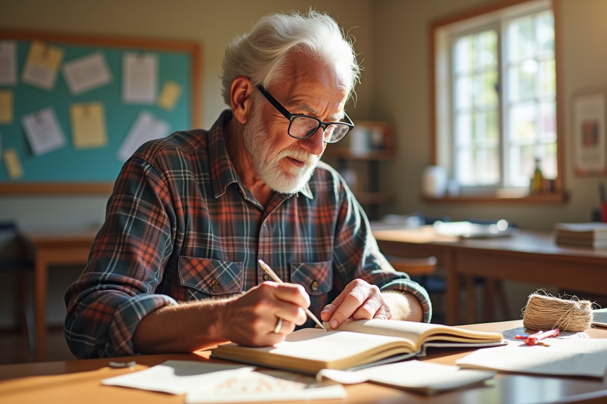 Homme âgé montrant comment coudre un journal artisanal