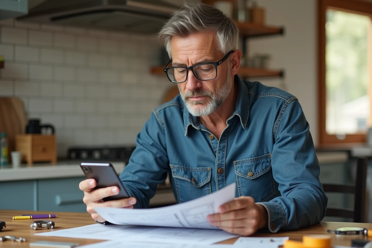 Homme consultant des avis utilisateurs sur une plateforme DIY depuis son smartphone posé sur une table de cuisine avec des outils de bricolage