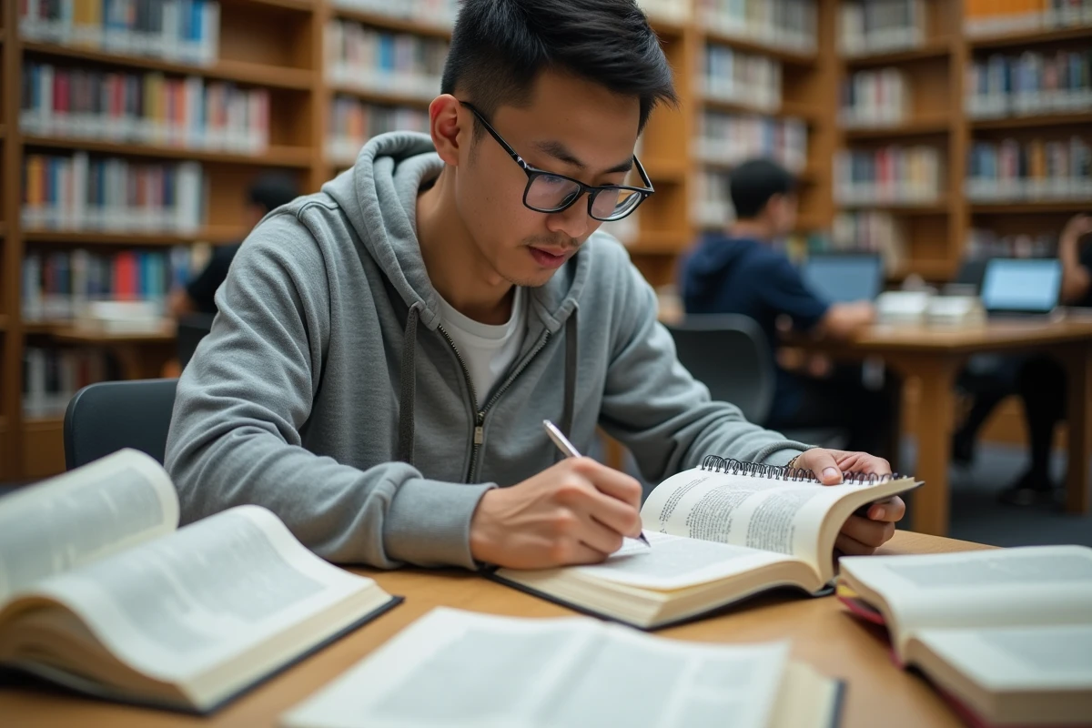 Homme préparant les 200 questions de naturalisation dans une bibliothèque publique française entouré de livres