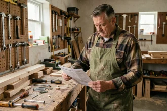 Homme adulte en tablier de bricolage étudiant une fiche technique dans un atelier de maison équipé d'outils manuels