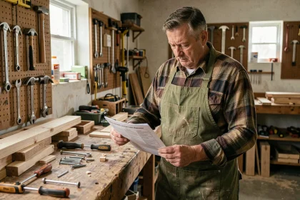 Homme adulte en tablier de bricolage étudiant une fiche technique dans un atelier de maison équipé d'outils manuels