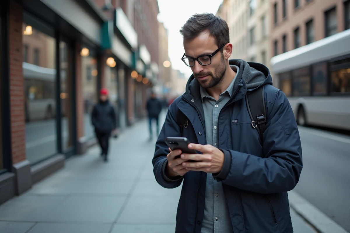 Homme regardant une application scolaire en ville