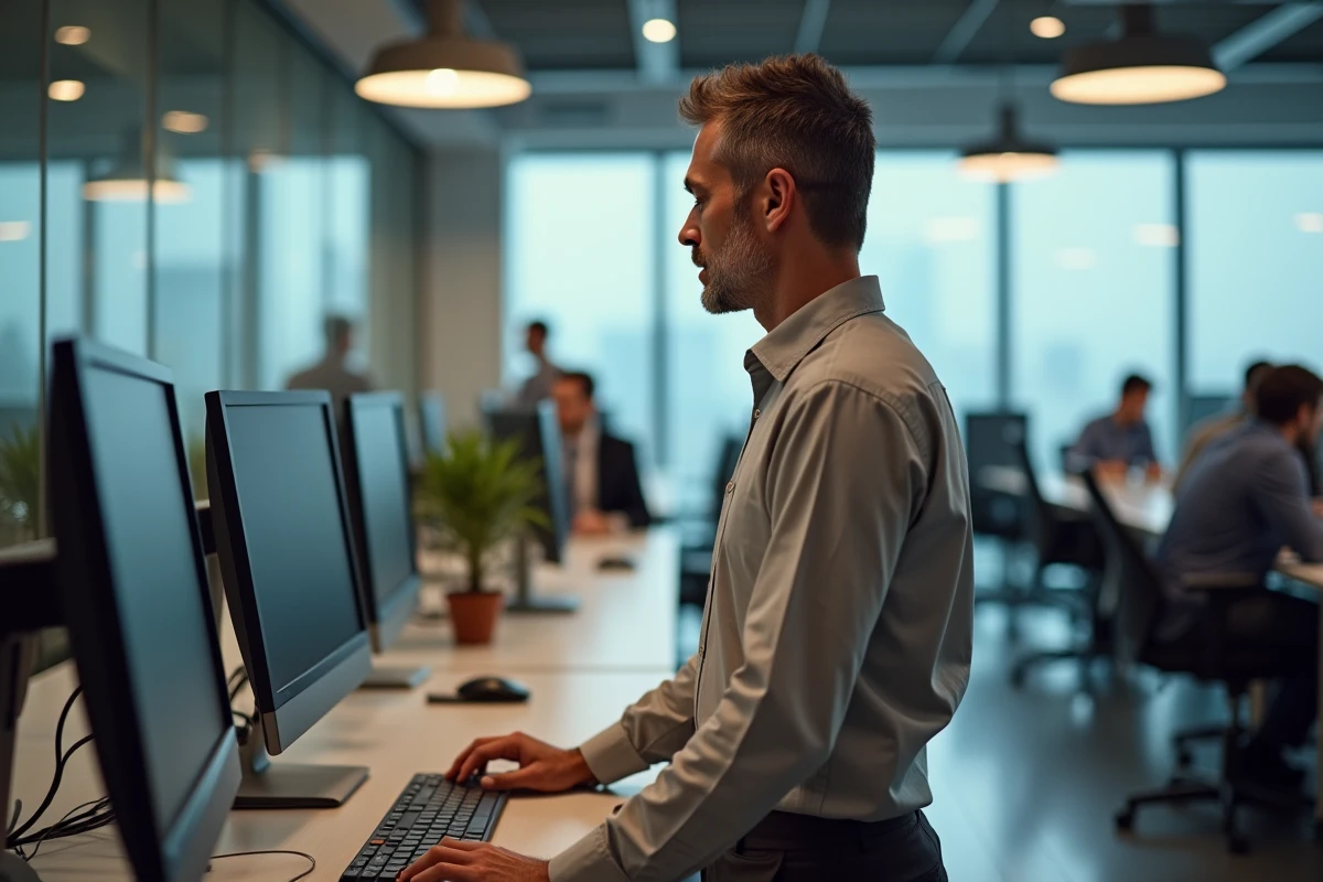 Homme au travail dans un bureau ouvert en train de mettre à jour ses données