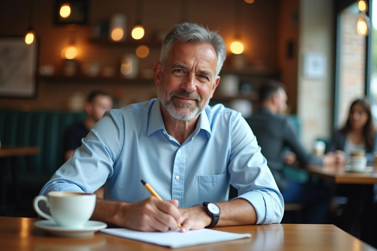 Homme écrivant dans un café urbain avec un carnet