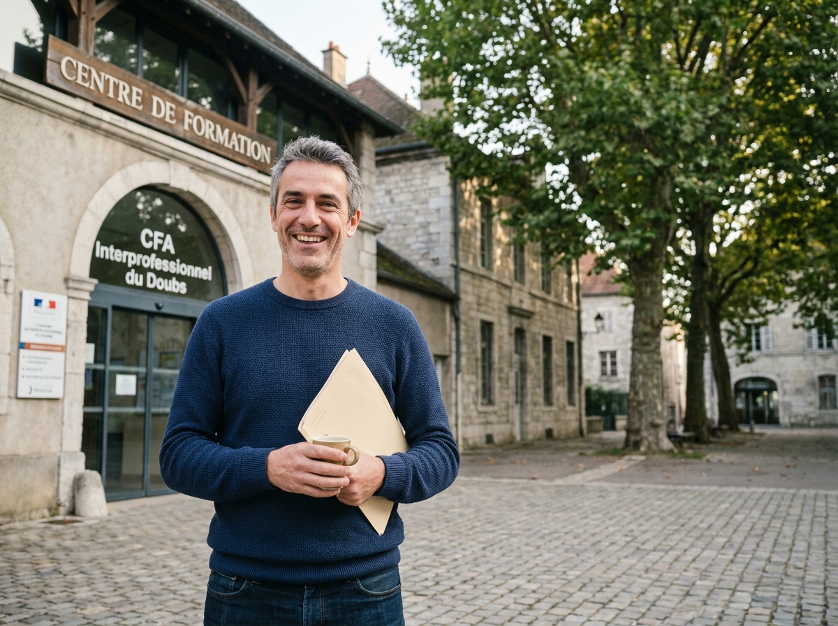 Homme souriant devant centre de formation à Besançon