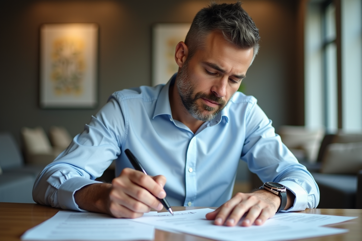 Homme en milieu professionnel corrigeant un CV avec un stylo dans un lounge