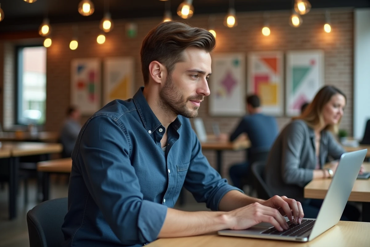 Homme en espace de coworking créant des visuels Instagram avec Canva sur un ordinateur portable