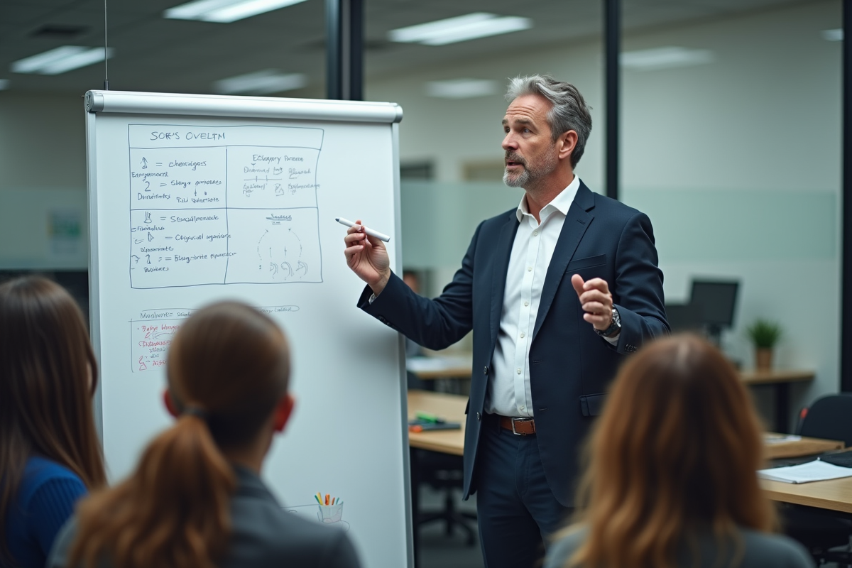 Homme en blazer expliquant lors d