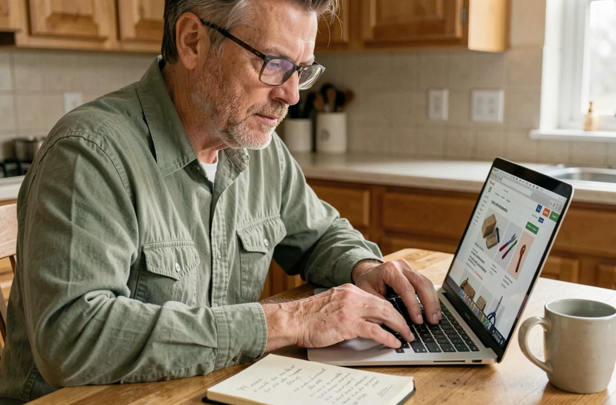 Homme de 50 ans se formant au bricolage en ligne via un tutoriel DIY sur son ordinateur portable dans sa cuisine