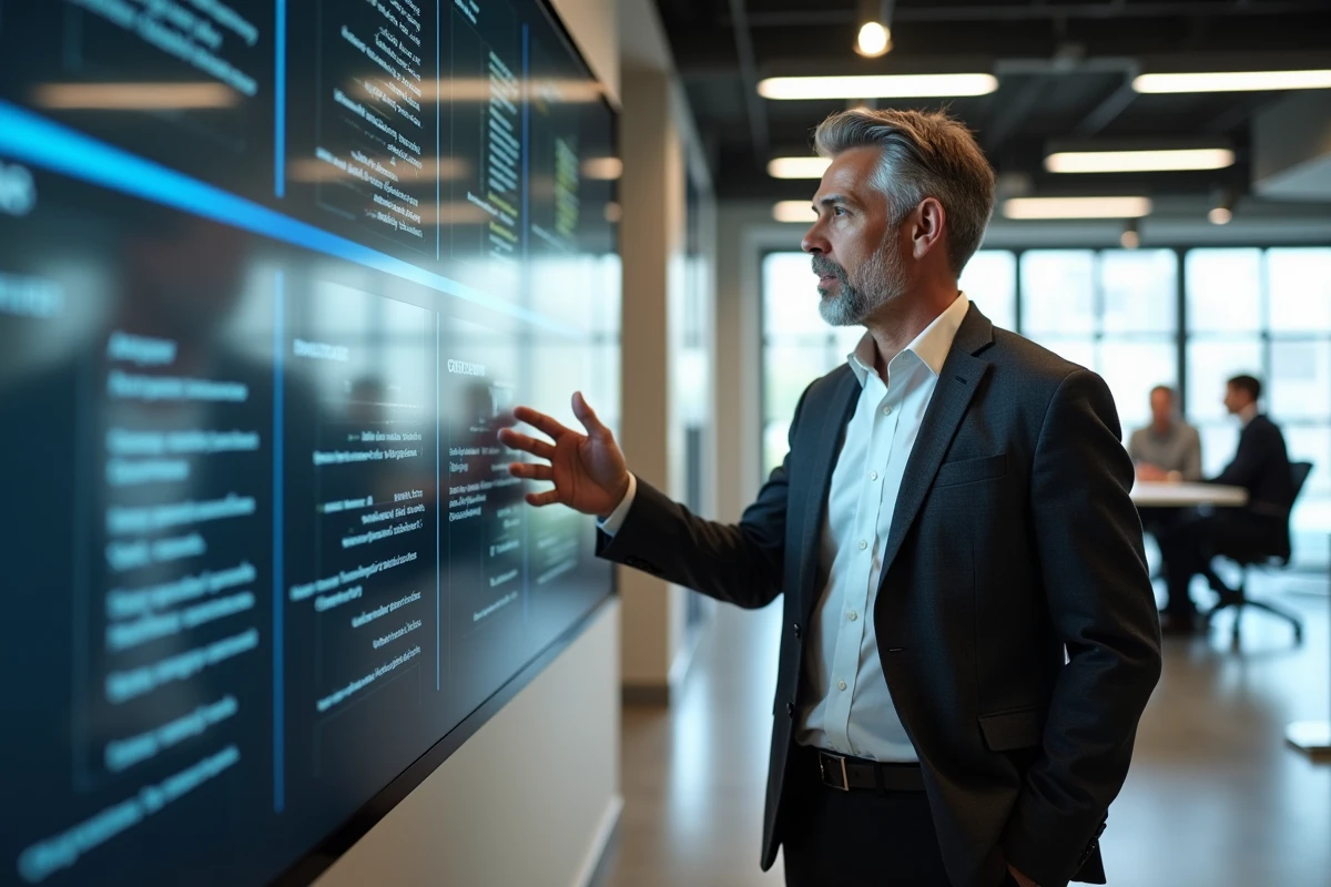 Homme en costume montre une plateforme juridique sur un écran