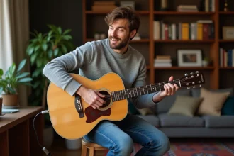 Homme jouant de la guitare dans un salon chaleureux