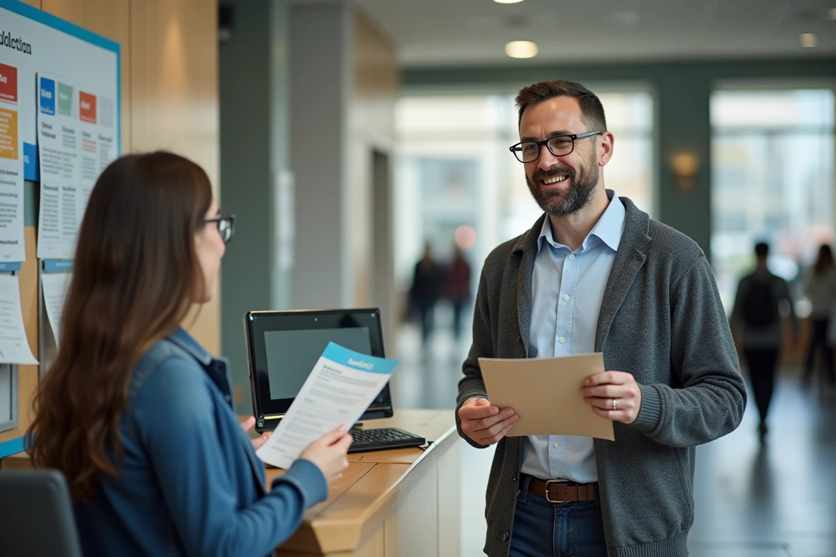 Homme discutant avec une receptionniste à un kiosque universitaire