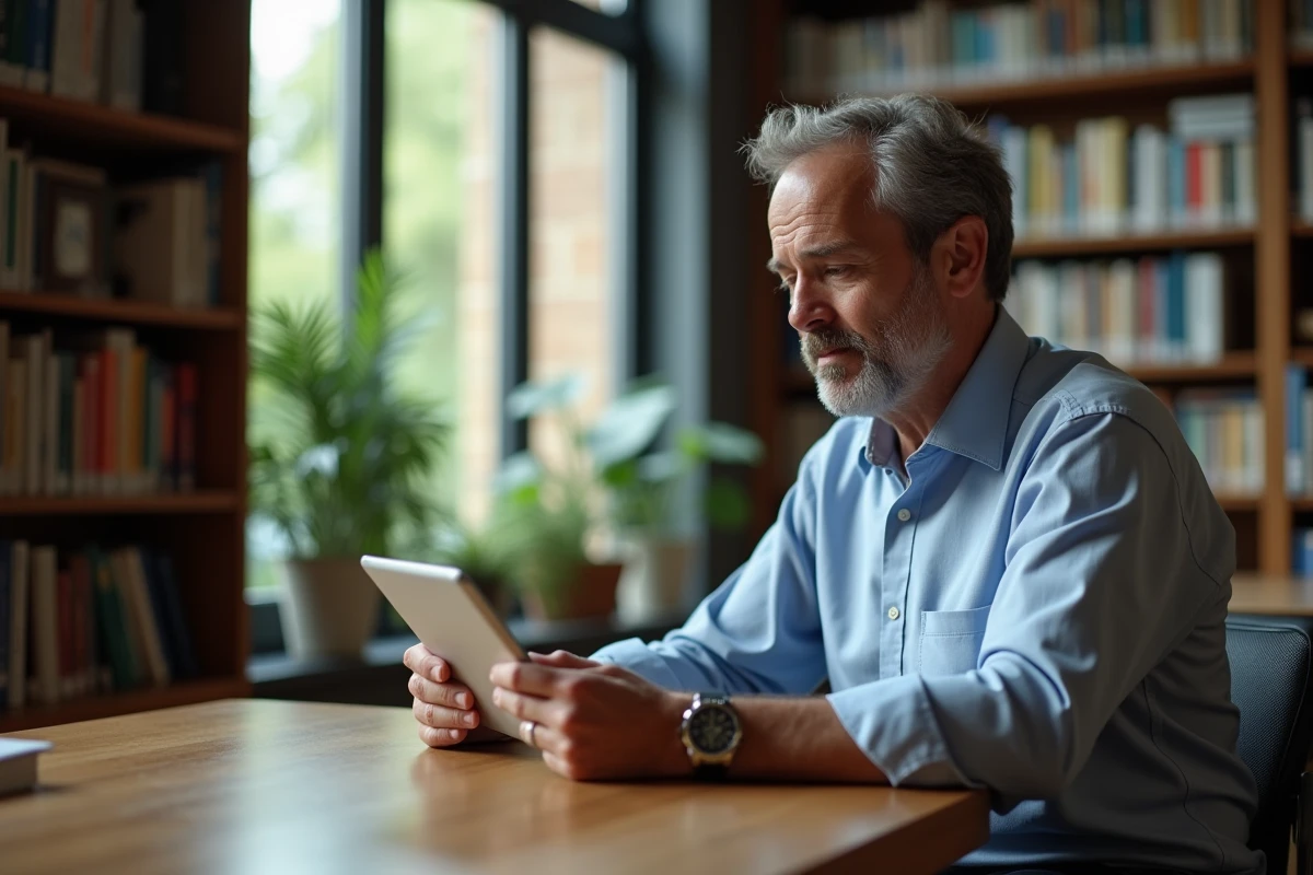 Homme étudiant regardant une tablette avec interface eCamPolice