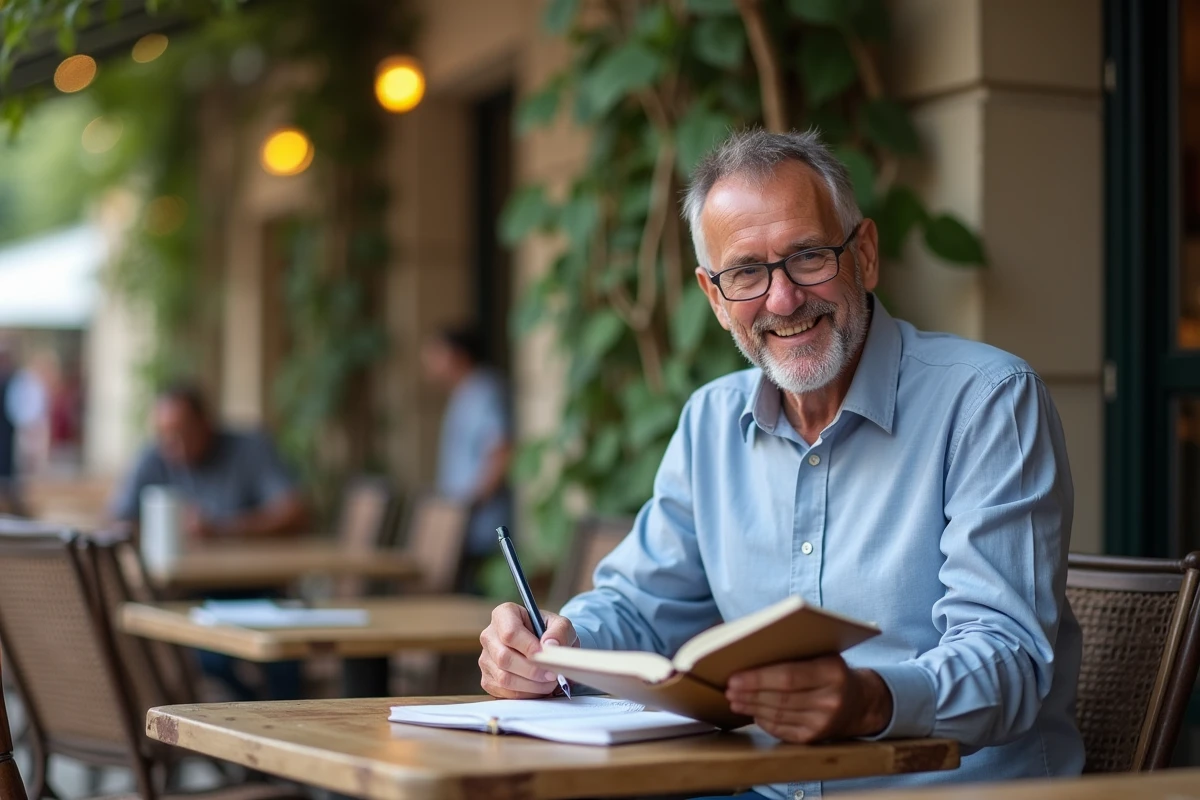 Homme lisant un guide de français au café en plein air