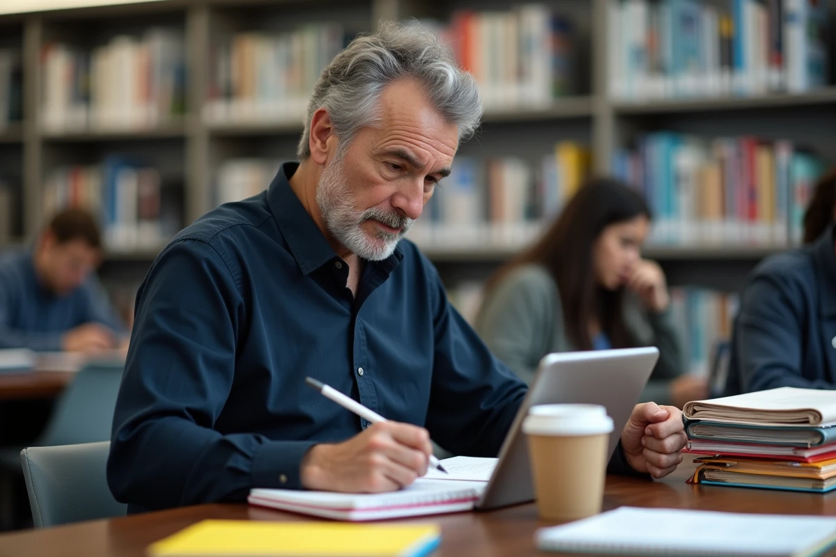 Homme adulte organisant ses cours Moodle avec des notes et une tablette dans une bibliothèque moderne