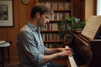 Homme jouant du piano en cherchant la bonne tonalité pour chanter Your Song d'Elton John