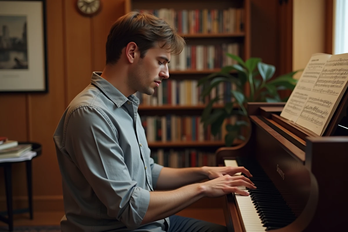 Homme jouant du piano en cherchant la bonne tonalité pour chanter Your Song d'Elton John