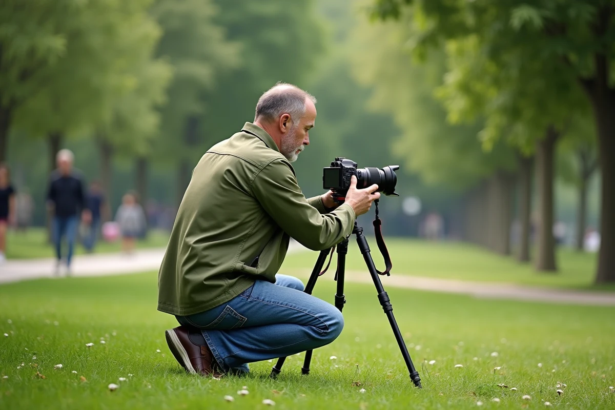 Homme en plein air ajustant un trépied photo dans un parc