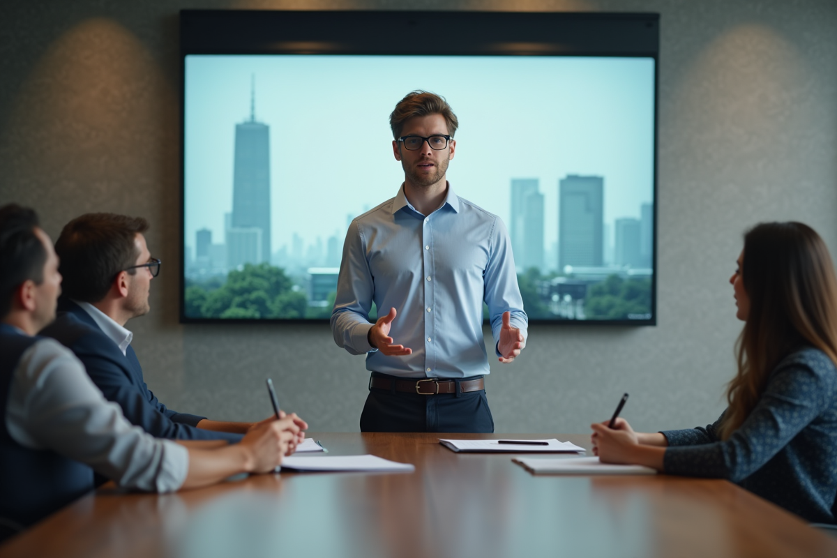 Jeune homme présentant des options de formation en réunion