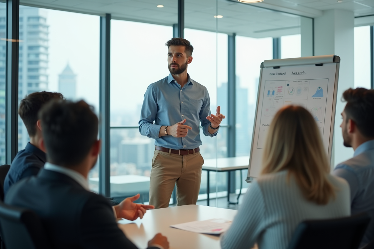 Homme donnant une présentation en réunion d