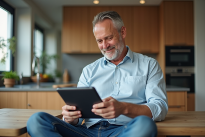 Homme d'âge moyen utilisant une tablette dans une cuisine moderne