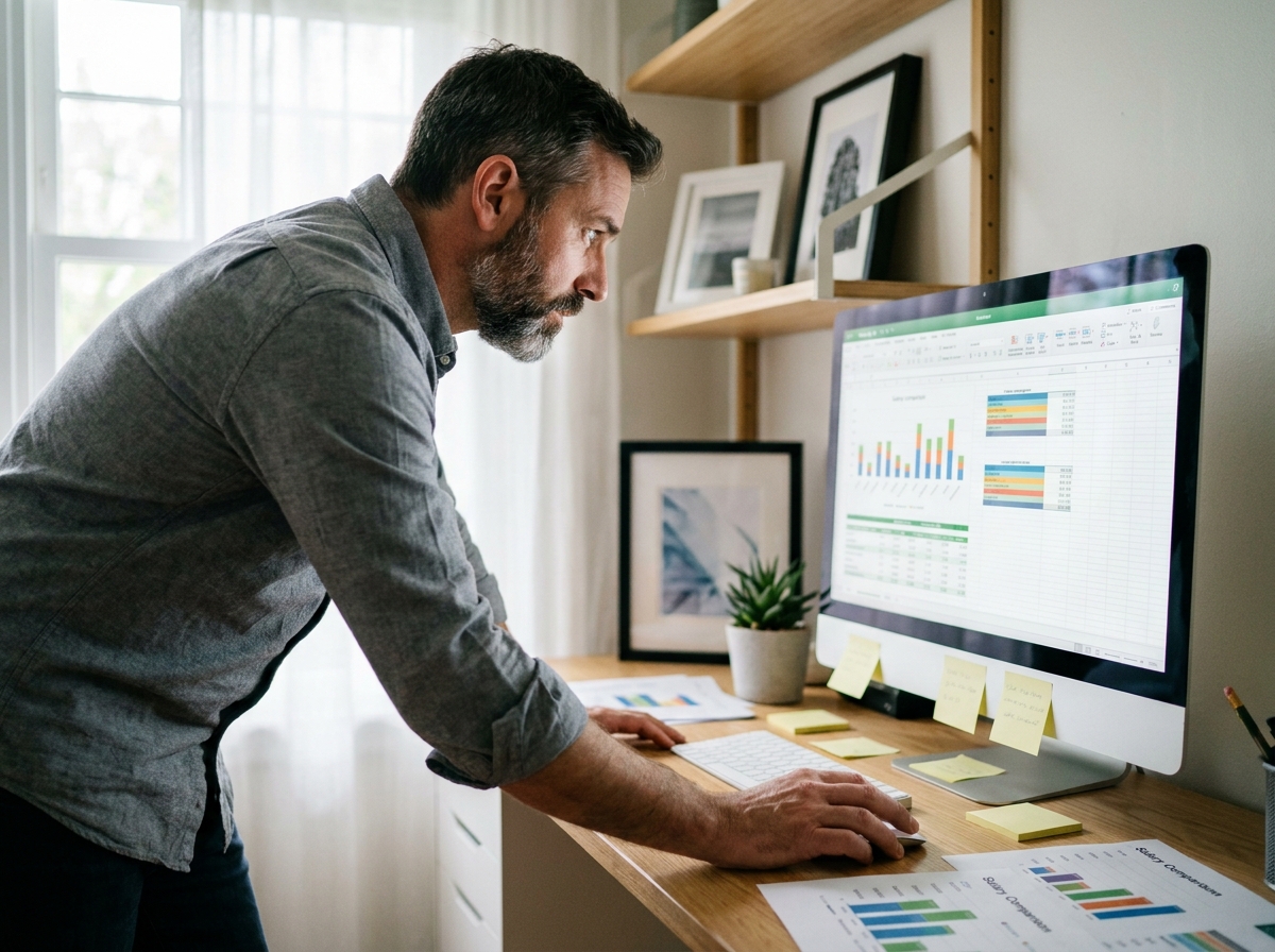 Homme en télétravail analysant des graphiques de comparaison de salaires sur son bureau à domicile