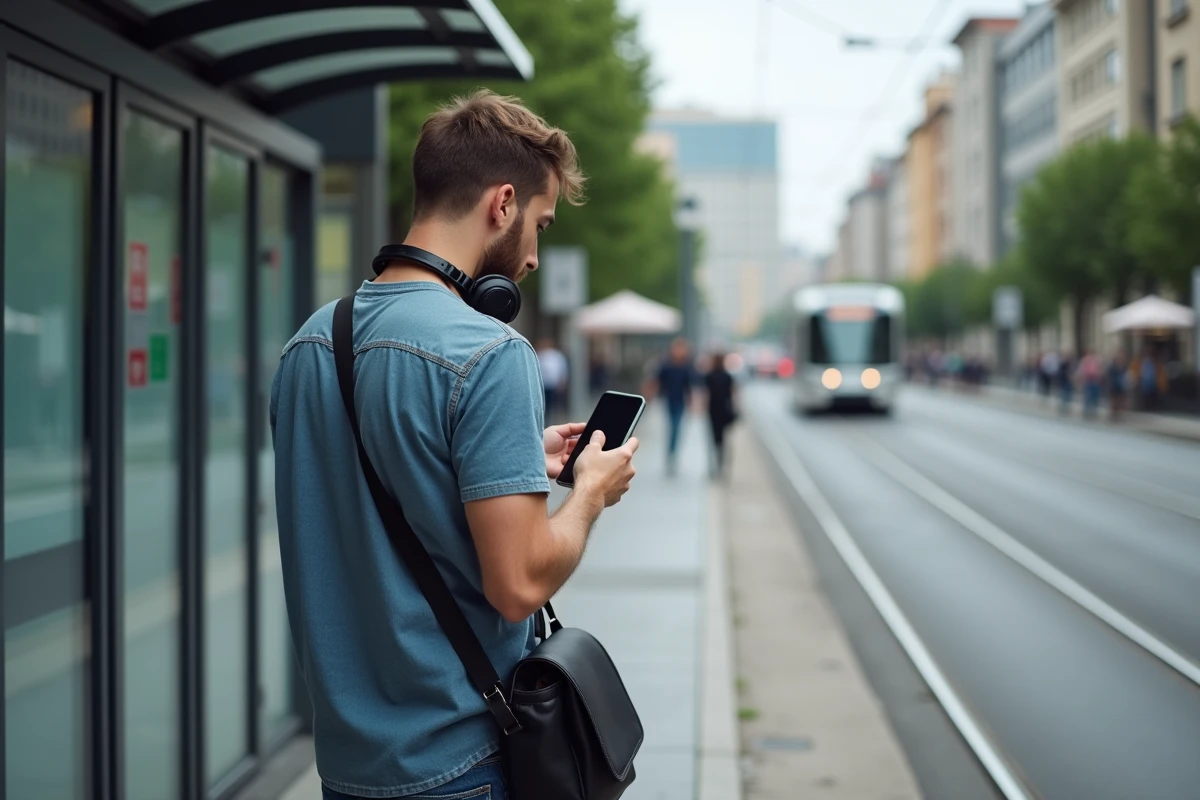 Jeune homme dans la ville vérifiant son téléphone