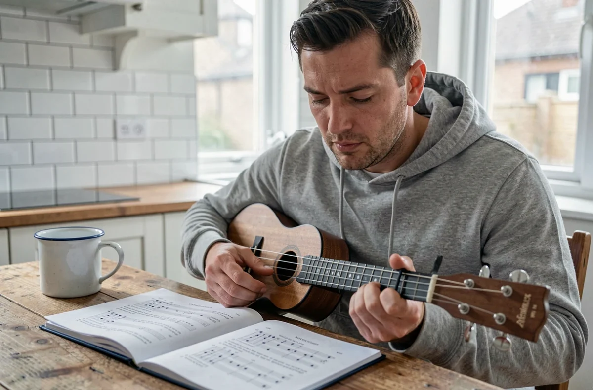 Homme jouant du ukulélé tenor en suivant une tablature PDF en français avec accords et paroles posée sur une table en bois
