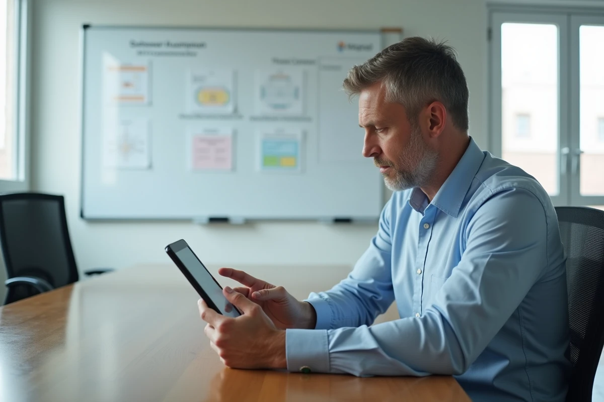 Homme d age moyen utilisant une tablette pour un test psychometrique dans un bureau