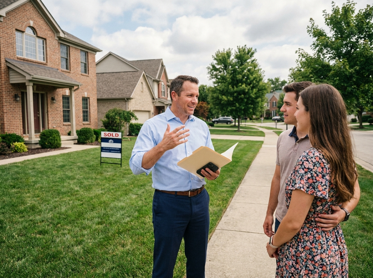 Homme discutant avec un couple devant une maison