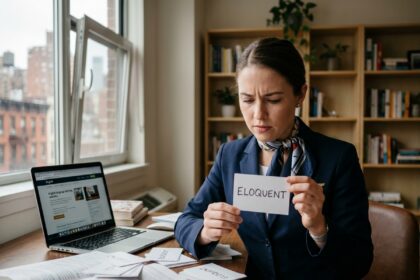 Hôtesse de l'air en uniforme révisant des fiches de vocabulaire anglais à son bureau dans un appartement