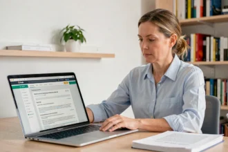 Femme consultant le portail IProf de l'académie de Montpellier sur son ordinateur portable pour retrouver des documents administratifs