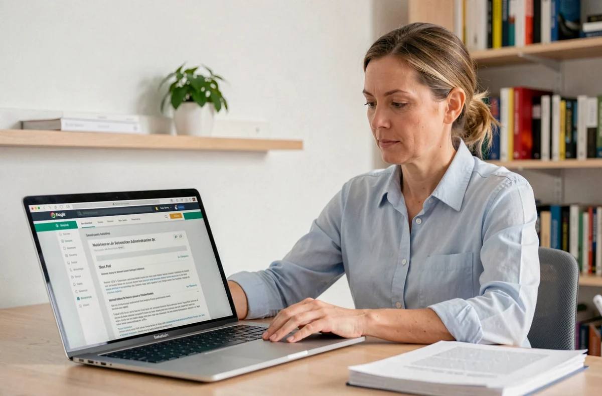 Femme consultant le portail IProf de l'académie de Montpellier sur son ordinateur portable pour retrouver des documents administratifs