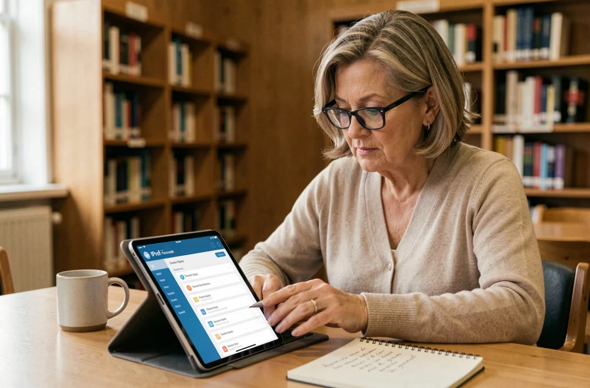 Femme consultant l'espace personnel IProf sur une tablette pour accéder à ses documents administratifs académiques
