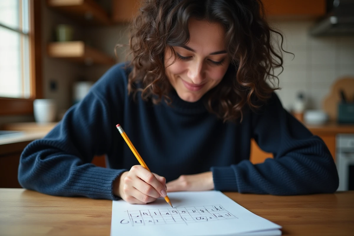 Femme jouant au jeu du pendu avec des mots en Q écrits sur un bloc-notes en bois de cuisine