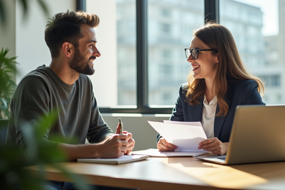 Jeune entrepreneur interviewant un stagiaire dans un espace coworking lumineux