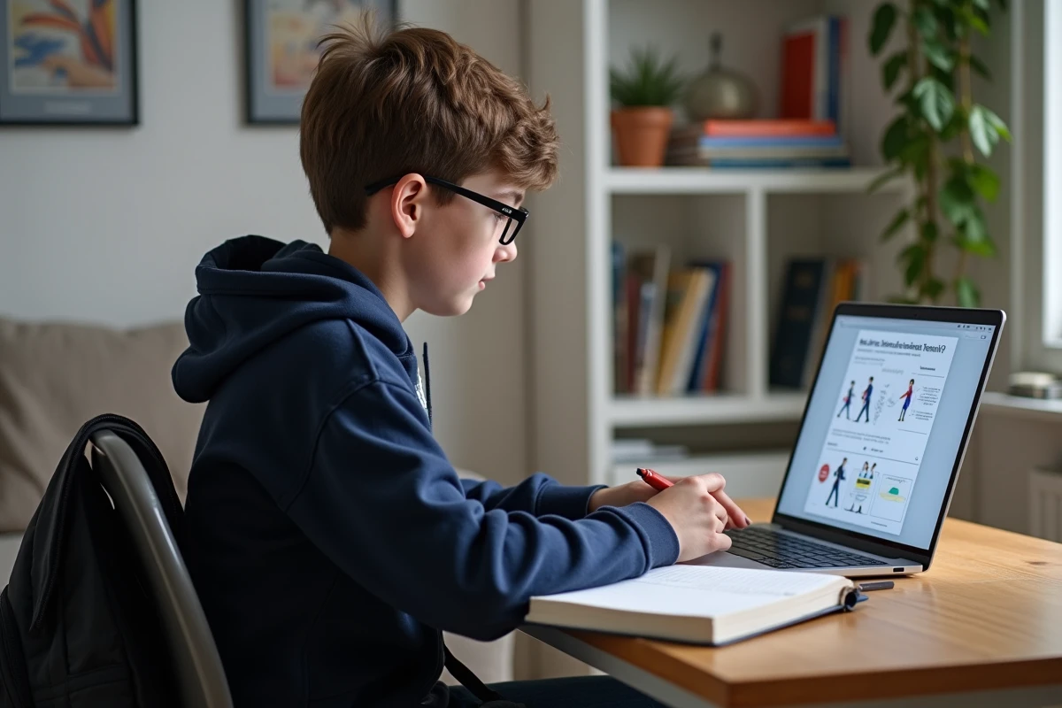 Jeune garçon étudiant concentré sur un quiz de signalisation routière