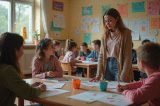 Jeune femme socioculturelle observant un groupe d'adolescents