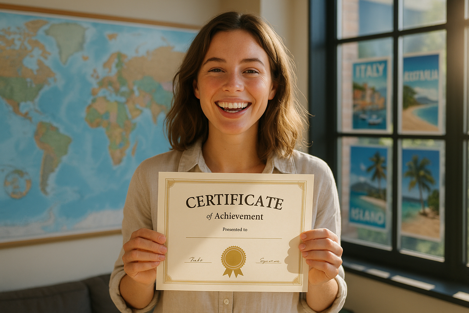 Jeune femme souriante avec certificat dans une agence de voyage