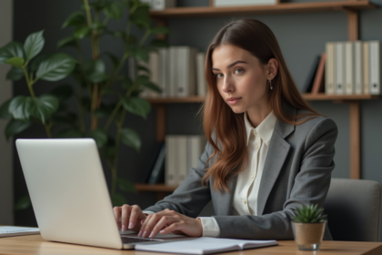 Jeune femme professionnelle travaillant sur son CV dans un bureau moderne