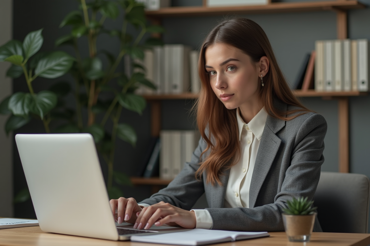 Jeune femme professionnelle travaillant sur son CV dans un bureau moderne