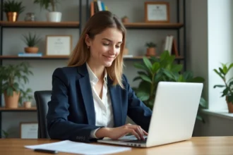 Jeune femme en bureau moderne tapant une lettre de motivation